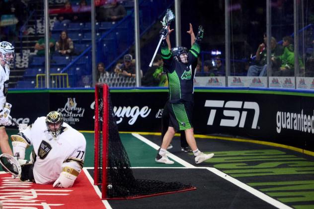 Saskatchewan Rush celebrate a goal against the Vancouver Warriors
