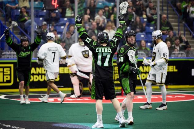 Robert Church of the Saskatchewan Rush reacts after a goal against the Vancouver Warriors