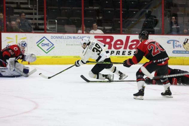 Wheeling Nailers' Gianlucca Esteves and Cincinnati Cyclones' Ryan Wheeler in action