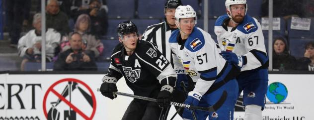 Ontario Reign's Lias Andersson and Colorado Eagles' Mikhail Maltsev and Keaton Middleton on game night