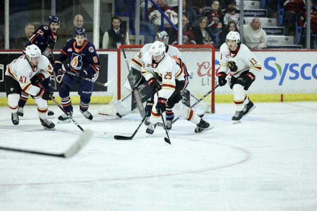 Vancouver Giants' Mazden Leslie, Samuel Honzek and Damian Palmieri in action