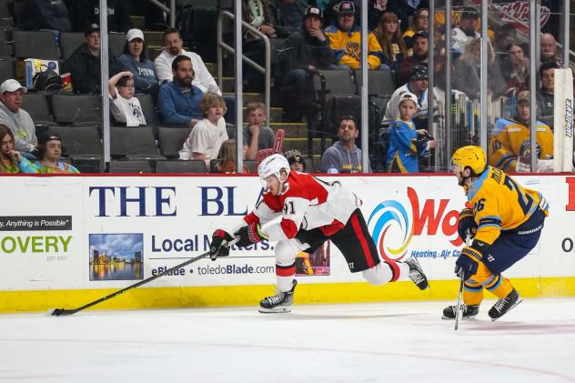Cincinnati Cyclones' Matt Berry and Toledo Walleye's Riley McCourt