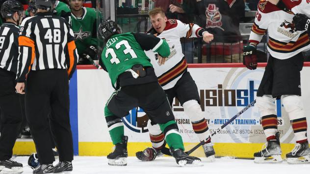 Texas Stars' Scott Reedy takes on Tucson Roadrunners' Ronald Knot