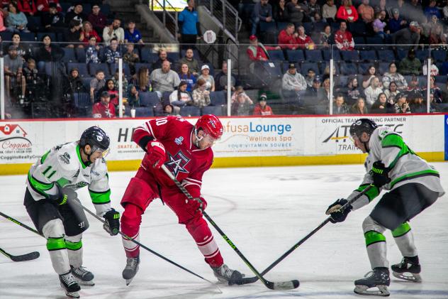 Allen Americans' Jakov Novak battles Savannah Ghost Pirates' Troy Lajeunesse and Aidan Brown