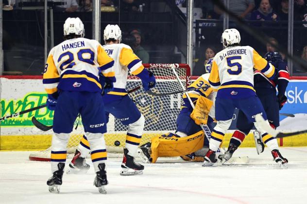 Saskatoon Blades' Lukas Hansen and Aidan De La Gorgendiere on game night