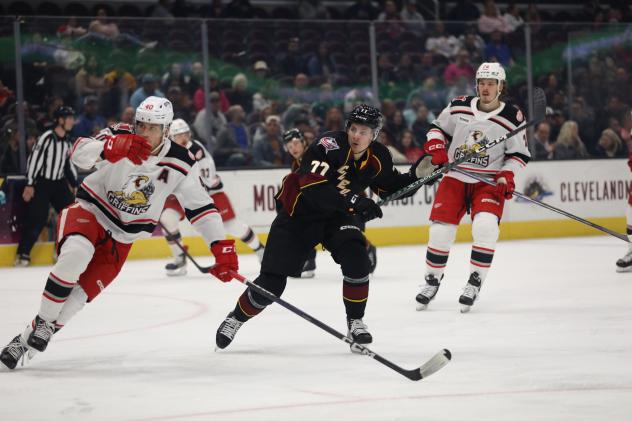 Grand Rapids Griffins' Wyatt Newpower and Cleveland Monsters' Tyler Angle on game night