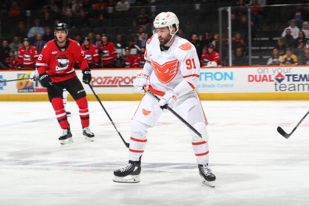 Lehigh Valley Phantoms left wing Elliot Desnoyers vs. the Charlotte Checkers