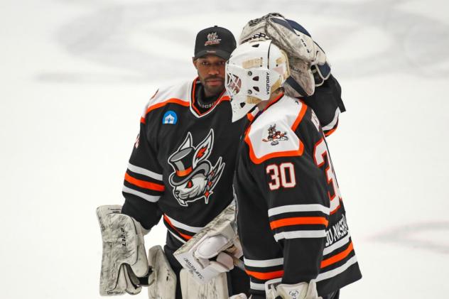 Danbury Hat Tricks goaltenders Frankie McClendon (left) and Brian Wilson
