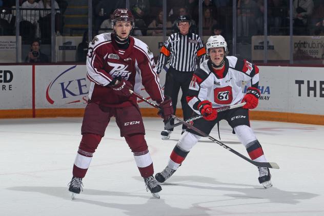 Peterborough Petes' Jonathan Melee and Ottawa 67's' Henry Mews on game night