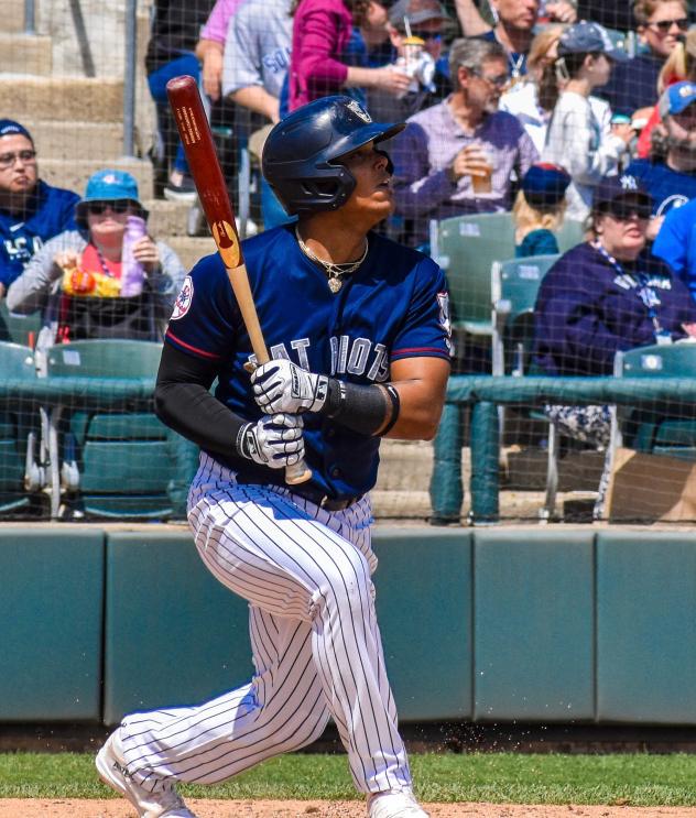 Jeisson Rosario of the Somerset Patriots watches his homer