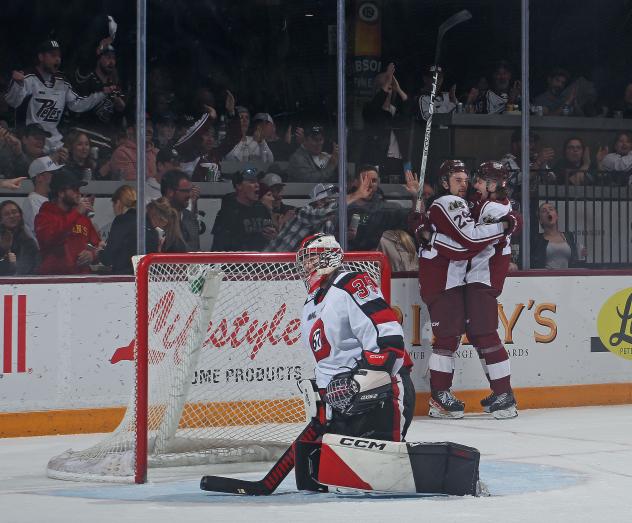Peterborough Petes celebrate a goal against the Ottawa 67's