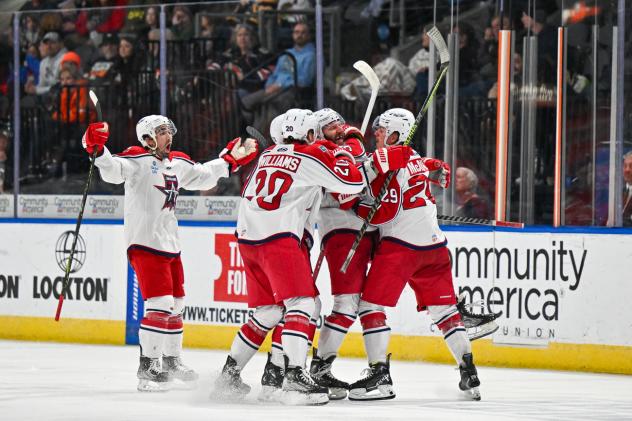 Allen Americans react after Jack Combs' overtime goal beats Kansas City