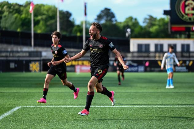 Atlanta United 2 forward Karim Tmimi reacts after his goal