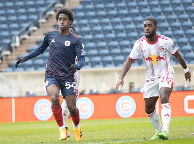 Chicago Fire FC II midfielder Lamonth Rochester (left) vs. New York Red Bulls II