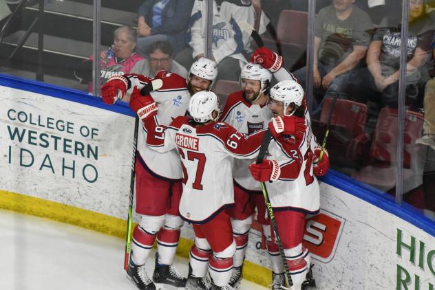 Allen Americans celebrate a goal against the Idaho Steelheads
