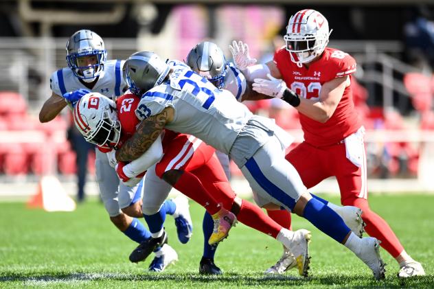 St. Louis Battlehawks linebacker Tré Watson makes a tackle against the D.C. Defenders