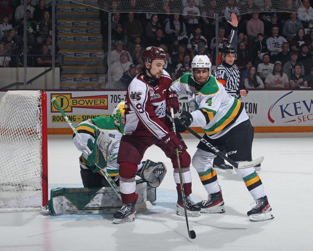 Peterborough Petes battle in front of the the London Knights net
