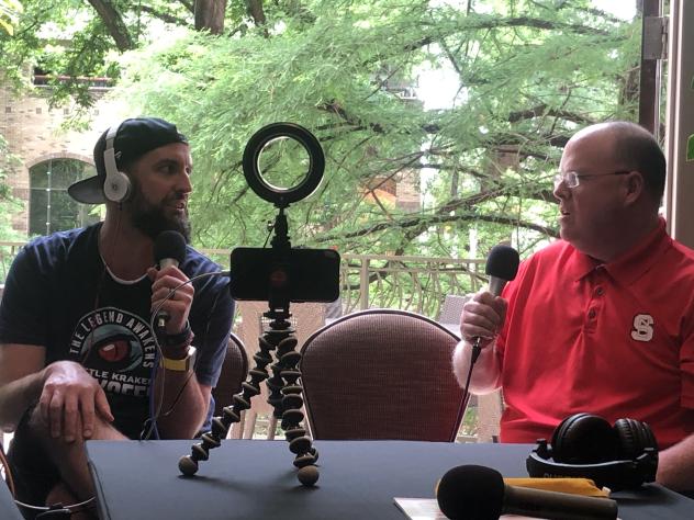 Reid Johnson from the Markcast (left) speaks with writer Fran Stuchbury