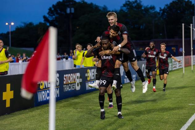 Richmond Kickers' Kharlton Belmar celebrates win