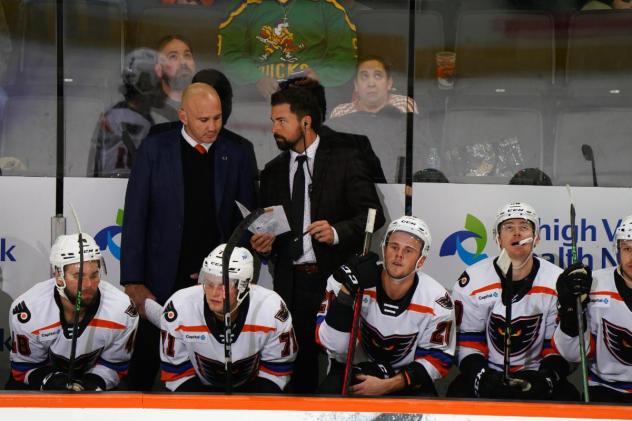 Riley Armstrong (standing right) with the Lehigh Valley Phantoms