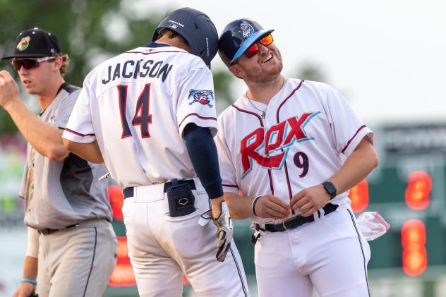 Kyle Jackson and Nick Studdard of the St. Cloud Rox share a laugh