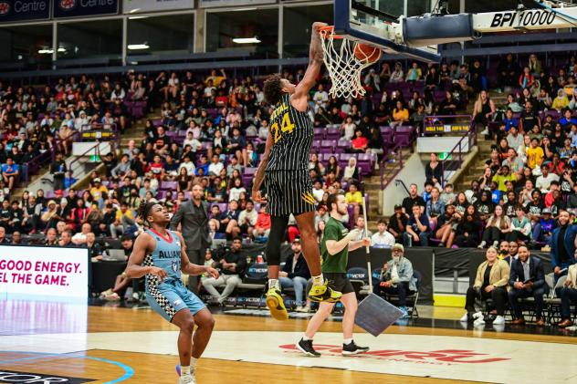 Brampton Honey Badgers guard Christian Vital dunks against the Montréal Alliance