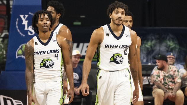 Niagara River Lions' Khalil Ahmad and Eddie Ekiyor on game night