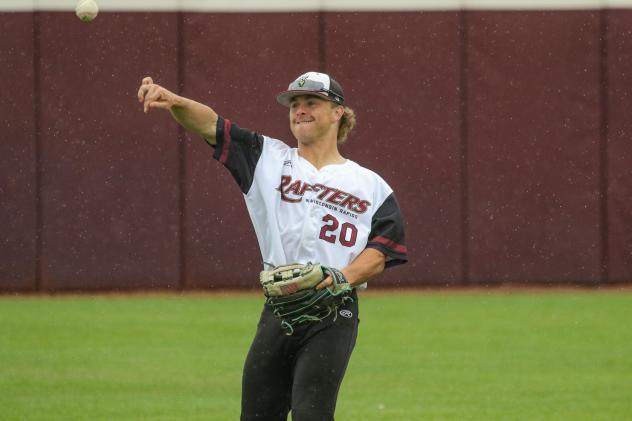 Wisconsin Rapids Rafters outfielder Anthony Galason throws in the rain