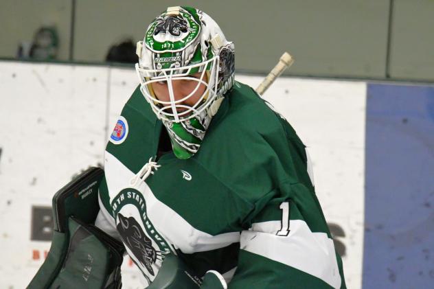 Goaltender Brendahn Brawley with Plymouth State University