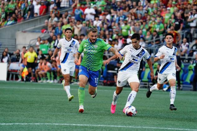 Seattle Sounders FC's Jordan Morris battles CF Monterrey