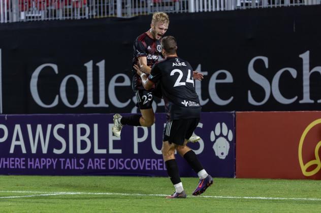 Richmond Kickers' Michael Hornsby and Nathan Aune celebrate win