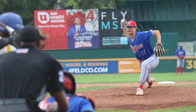 Green Bay Rockers pitcher Brett Sanchez delivers