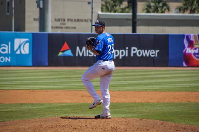 Biloxi Shuckers' Tobias Myers on the mound