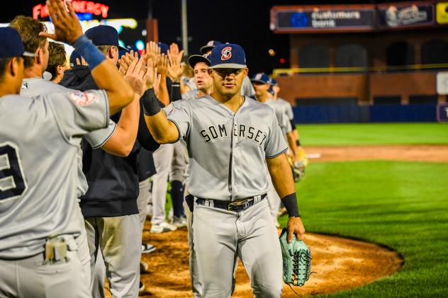 Somerset Patriots' Jasson Dominguez celebrates win