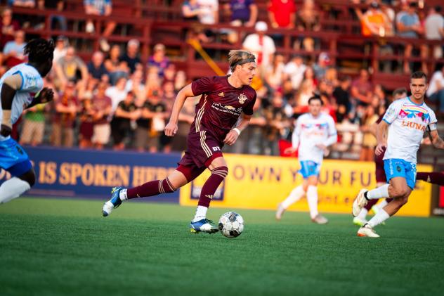 Skage Simonsen of Detroit City FC with possession against the Las Vegas Lights
