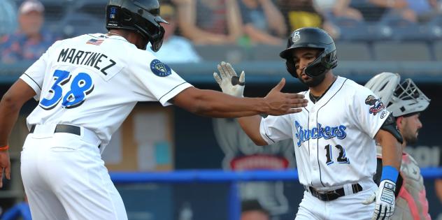 Biloxi Shuckers' Valerio Martinez congratulates Felix Valerio