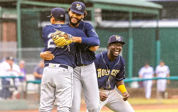 Charleston RiverDogs exchange congratulations following a win in title series