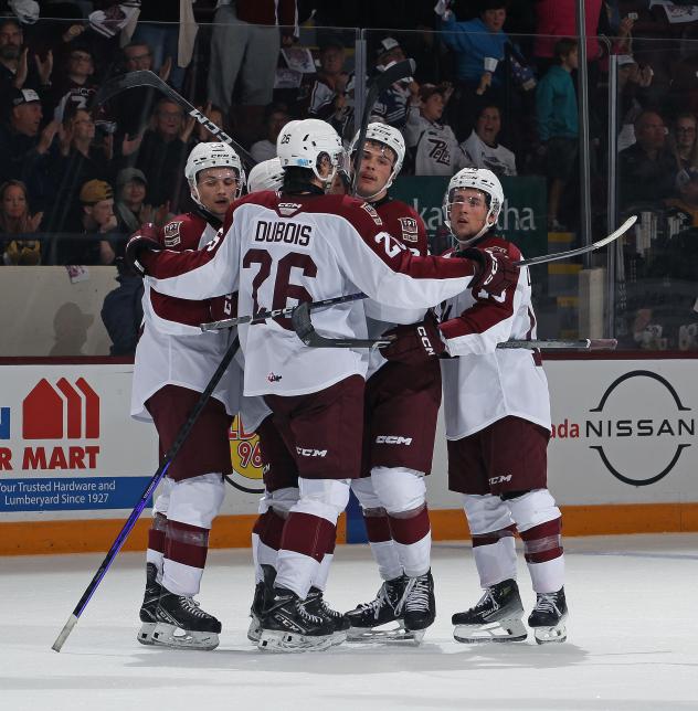 Peterborough Petes' Jax Dubois celebrates win with teammates