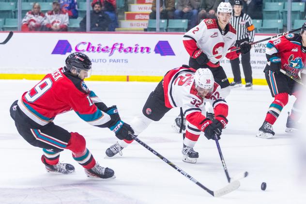 Kelowna Rockets' Michael Cicek battles Prince George Cougars' Terik Parascak