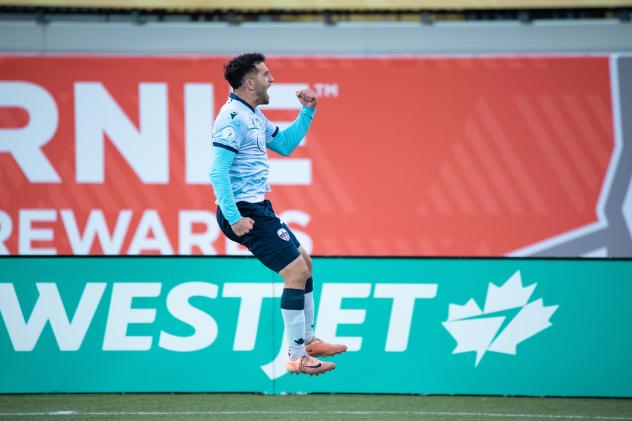 Ilias Iliadis of Atlético Ottawa reacts after his goal