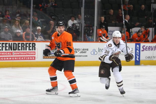 Lehigh Valley Phantoms defenseman Victor Mete (left)
