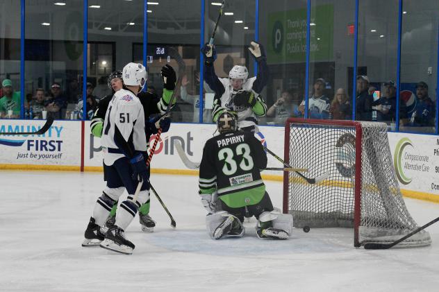 Jacksonville Icemen's Garrett Van Wyhe and Savannah Ghost Pirates' Jordan Papirny on the ice