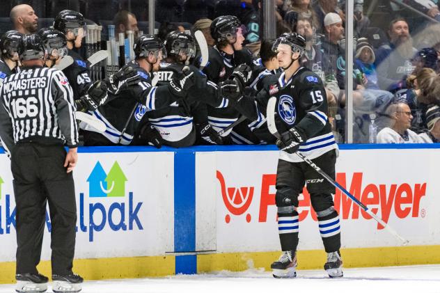 Wenatchee Wild's Briley Wood congratulated by team