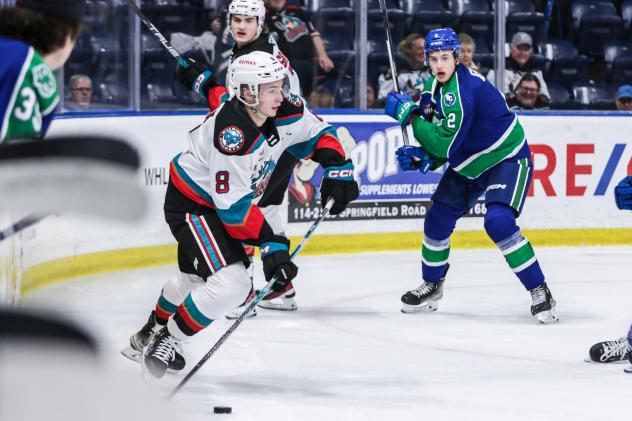 Kelowna Rockets' Marek Rocak and Swift Current Broncos' Zach Turner on game night