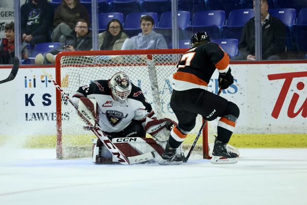 Vancouver Giants' Brett Mirwald versus Medicine Hat Tigers' Brayden Boehm