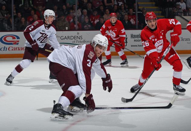 Peterborough Petes defencemen Cam Gauvreau (center) and Samuel Mayer vs. the Soo Greyhounds