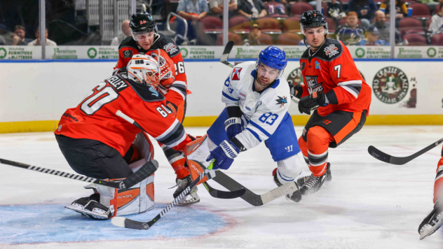 Wichita Thunder forward Jake Wahlin takes a shot against the Kansas City Mavericks
