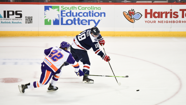 South Carolina Stingrays defenseman Benton Maass (right) vs. the Orlando Solar Bears
