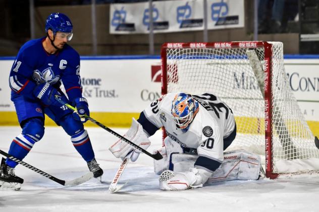 Worcester Railers goaltender Tristan Lennox smother a shot