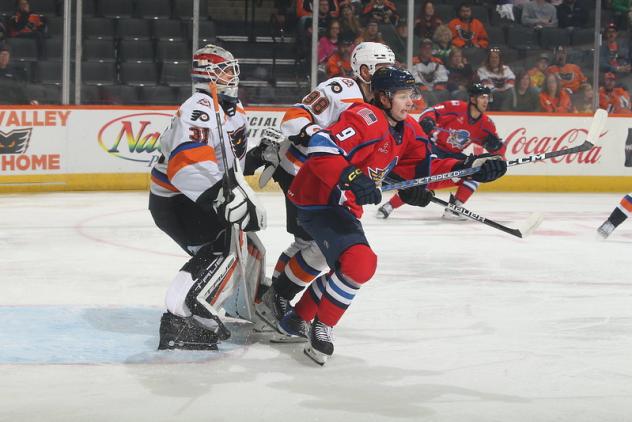 Lehigh Valley Phantoms goaltender Parker Gahagen vs. the Springfield Thunderbirds